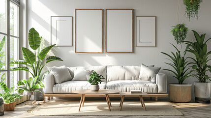 Modern living room mockup, clean minimalist design. Potted plants, white walls.