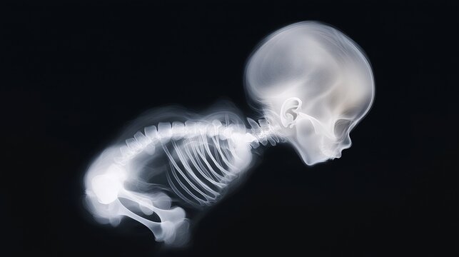 A high-resolution X-ray of a fetus at 6 months in the womb, highlighting the developing bones and clear outline of the body