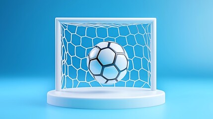 A soccer ball lands in a goal net, set against a blue background, signaling victory.