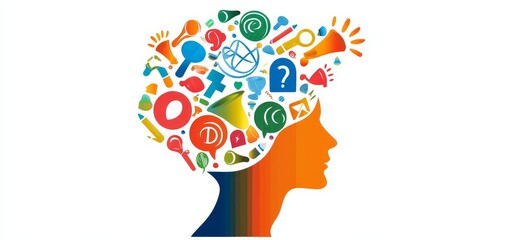 Human head filled with colorful swirling ideas, symbols of business and technology, idea generation, creative thinking