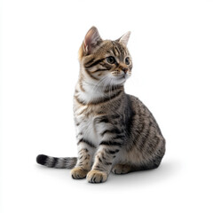 Fototapeta premium A cute tabby kitten sitting and looking to the side, isolated on a white background.