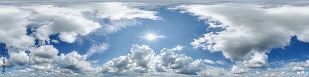 Wall mural blue sky hdri 360 panorama view with awesome white clouds with zenith for use in 3d graphics as sky 