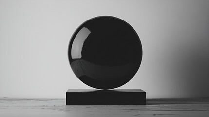 Abstract scene with black marble ball on a gray background,A round black mirror on a dark background
