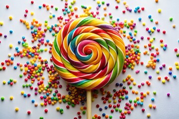 Colorful swirl-patterned lollipop stands upright on a white background, its sticky surface glistening in the light,