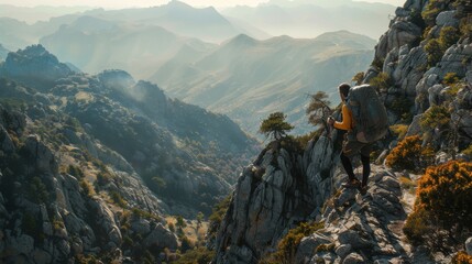 Obraz premium Adventurer Hiking in Misty Mountains with Earth and Forest Tones