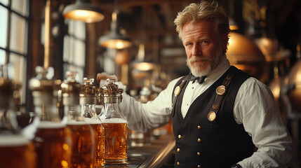 Master brewer conducting a quality check in the storied halls of a historic brewery.