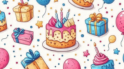 Fun and colorful hand-drawn party illustration with cakes, gifts, balloons, and decorations in a seamless pattern, ideal for festive wallpapers, textiles, and joyful birthday designs