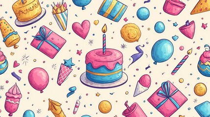 Fun and colorful hand-drawn party illustration with cakes, gifts, balloons, and decorations in a seamless pattern, ideal for festive wallpapers, textiles, and joyful birthday designs