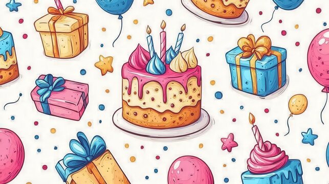 Fun and colorful hand-drawn party illustration with cakes, gifts, balloons, and decorations in a seamless pattern, ideal for festive wallpapers, textiles, and joyful birthday designs