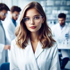 Fototapeta premium A confident female doctor smiling in her office, wearing glasses and a professional outfit, representing health and dedication