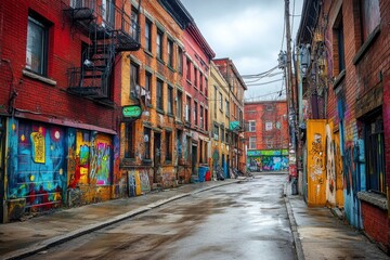Fototapeta premium Vibrant Urban Alley with Colorful Graffiti and Buildings