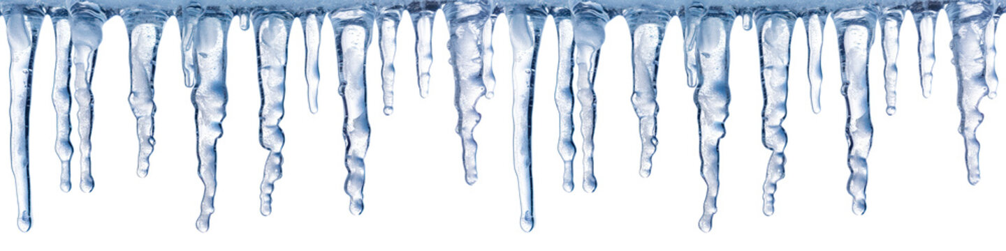 A garland of icicles hanging from the edge of a surface, isolated on a transparent background. Symbolizes winter cold, ice, and frozen water. Perfect for winter projects, seasonal decorations.