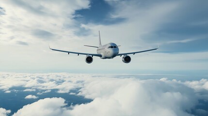 Soaring Through a Sea of Clouds: A majestic passenger airliner gracefully navigates a breathtaking skyscape, its white fuselage gleaming against a backdrop of fluffy white clouds and azure skies. 