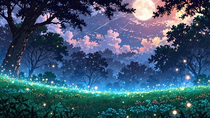 Anime Nature Wallpaper in 4K Quality Featuring Magical Midnight Forest with Glowing Flowers and Fairy Lights