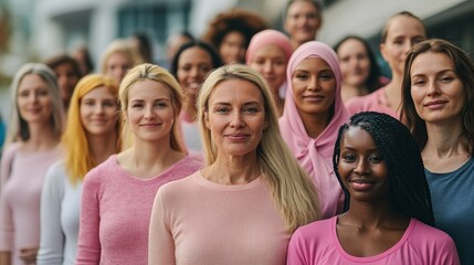 A diverse group of women standing together, showcasing unity and strength in a vibrant outdoor setting.