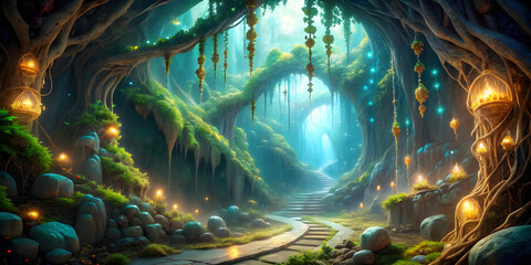 A winding, glowing vine leads to a mystical cave filled with shimmering crystals and ancient runes.