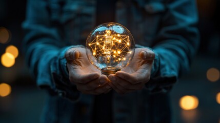 Fototapeta premium Person holding a globe filled with glowing ideas, representing global creativity in business, world of ideas, international business innovation