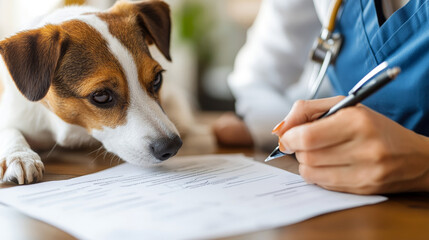 A veterinarian examining paperwork with a curious dog by their side, symbolizing care and attention in pet healthcare., Pet insurance