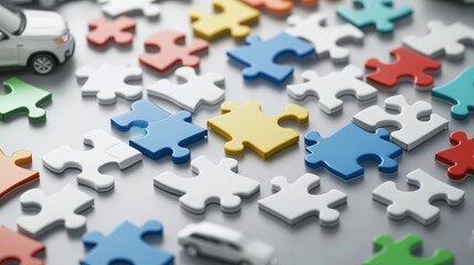 Obraz premium A vibrant collection of puzzle pieces scattered on a surface, featuring various colors and a toy car for playful contrast.