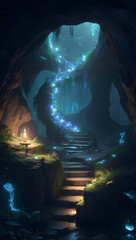 Obraz premium A winding, glowing vine leads to a mystical cave filled with shimmering crystals and ancient runes.