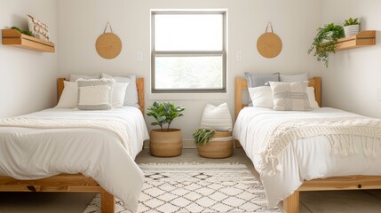 Fototapeta premium A cozy and stylish twin bedroom with wooden furniture, minimalist decor, plants, and natural light streaming through the window.