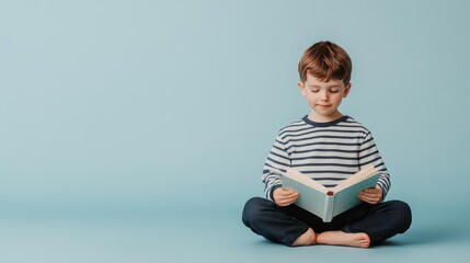 A child sitting cross-legged on the floor, completely immersed in a picture book, child, cross-legged, picture book