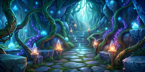 A winding, glowing vine leads to a mystical cave filled with shimmering crystals and ancient runes.