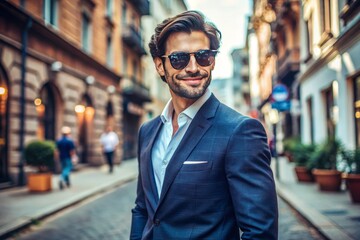 Fototapeta premium Confident gentleman with a mischievous grin, stylishly dressed in a bold suit and sunglasses, exudes attitude and