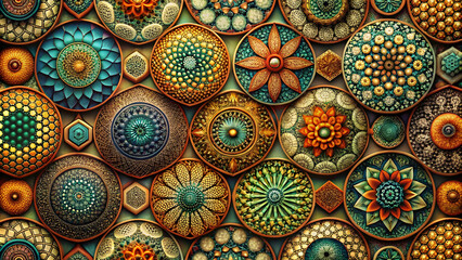 Vibrant hexagonal mosaic with intricate patterns and textured details, creating a visually stunning composition. A colorful and geometric mosaic, featuring a variety of shapes and te