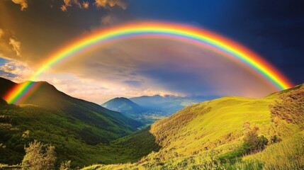 A vibrant rainbow arcs over lush green hills under a dramatic sky, showcasing the beauty of nature.