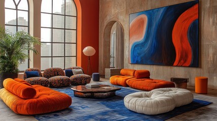 Modern living room with vibrant furnishings and artwork.