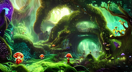 Fototapeta premium A winding, glowing vine leads to a mystical cave filled with shimmering crystals and ancient runes.