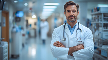Fototapeta premium A doctor standing with hands clasped together in hospital
