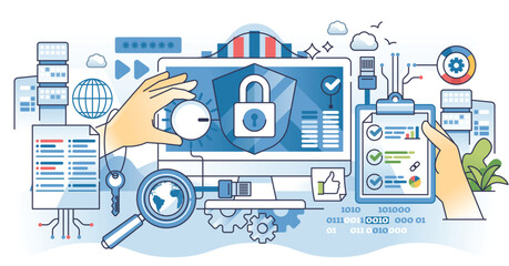 Cybersecurity training for information protection outline hands concept. Learning to recognize online threats and vulnerability to prevent data from cyber attacks and leaks vector illustration.