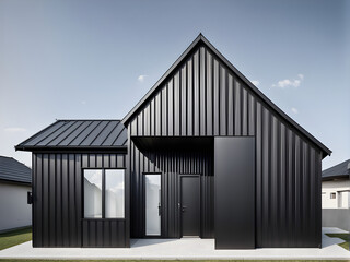 Fototapeta premium Architecture details of modern black metal sheet facade storage house with gable roof minimal style.