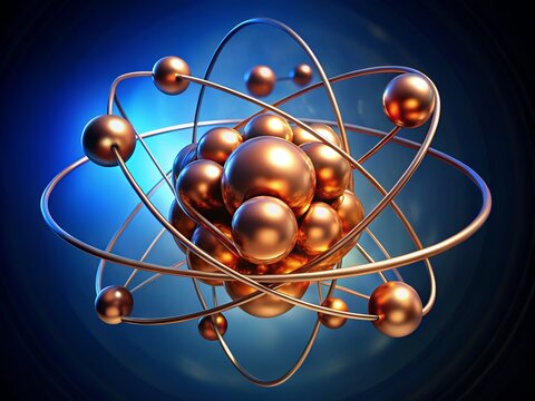 Copper atom illustration with protons, neutrons, and electrons orbiting the nucleus, highlighting atomic number 29 in a
