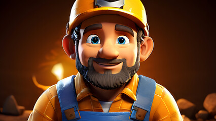 3D Cartoon-Style Gold Miner Character in a Vibrant Mine Setting