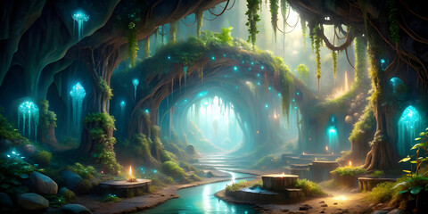 A winding, glowing vine leads to a mystical cave filled with shimmering crystals and ancient runes.