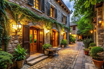 Cozy boutique hotel exterior with rustic stone facade, wooden shutters, and lantern-style lighting, surrounded by lush