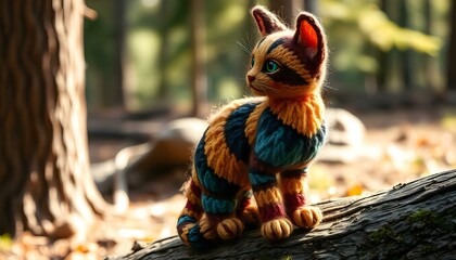 needlework depiction of a cat, intricately crafted from colorful wool, set against a textured