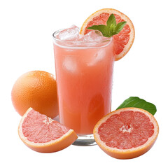 47. A glass of freshly squeezed grapefruit juice with visible pulp and ice cubes, isolated on a white background, showcasing vibrant pink tones and refreshing textures