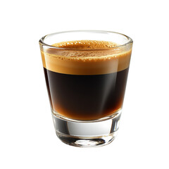 10. A detailed espresso shot in a small glass, isolated on a white background, showing rich, dark brown coffee with a layer of crema on top