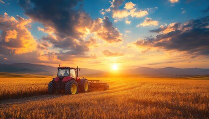 Fototapeta premium A vibrant sunset over a golden wheat field with a tractor cultivating the land, showcasing the beauty of agriculture.