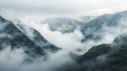 Fototapeta premium A majestic mountain valley with rolling fog cascading down the slopes, creating a layered effect of clouds and rugged terrain under a pale, overcast sky.