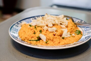 A dish of rice with stir-fried crab curry at Chula 50 Kitchen in Silom, Bang Rak - Bangkok Thailand