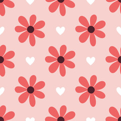 Beautiful hand drawn flowers and hearts seamless pattern vector. Seamless floral pattern design.