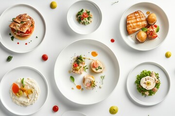 A beautifully arranged gourmet meal showcasing various dishes on white plates.