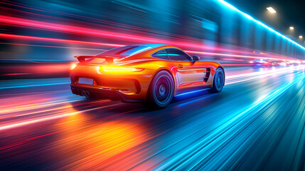 Obraz premium Car at high speed riding in illuminated road
