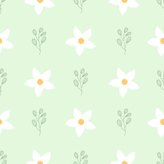 Floral seamless pattern with blooming flowers. Simple cute modern pattern seamless background. Vector floral background with green colors.
