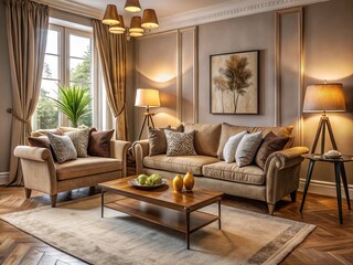 Fototapeta premium Cozy living room interior with warm beige walls, dimmed floor lamps, and a plush velvet sofa amidst scattered